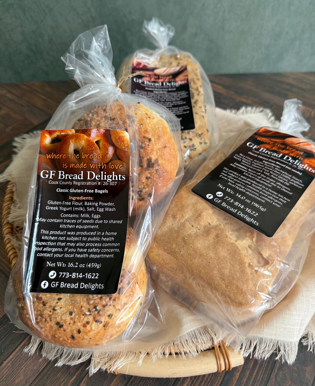 Packaged gluten-free bread and bagels with labels