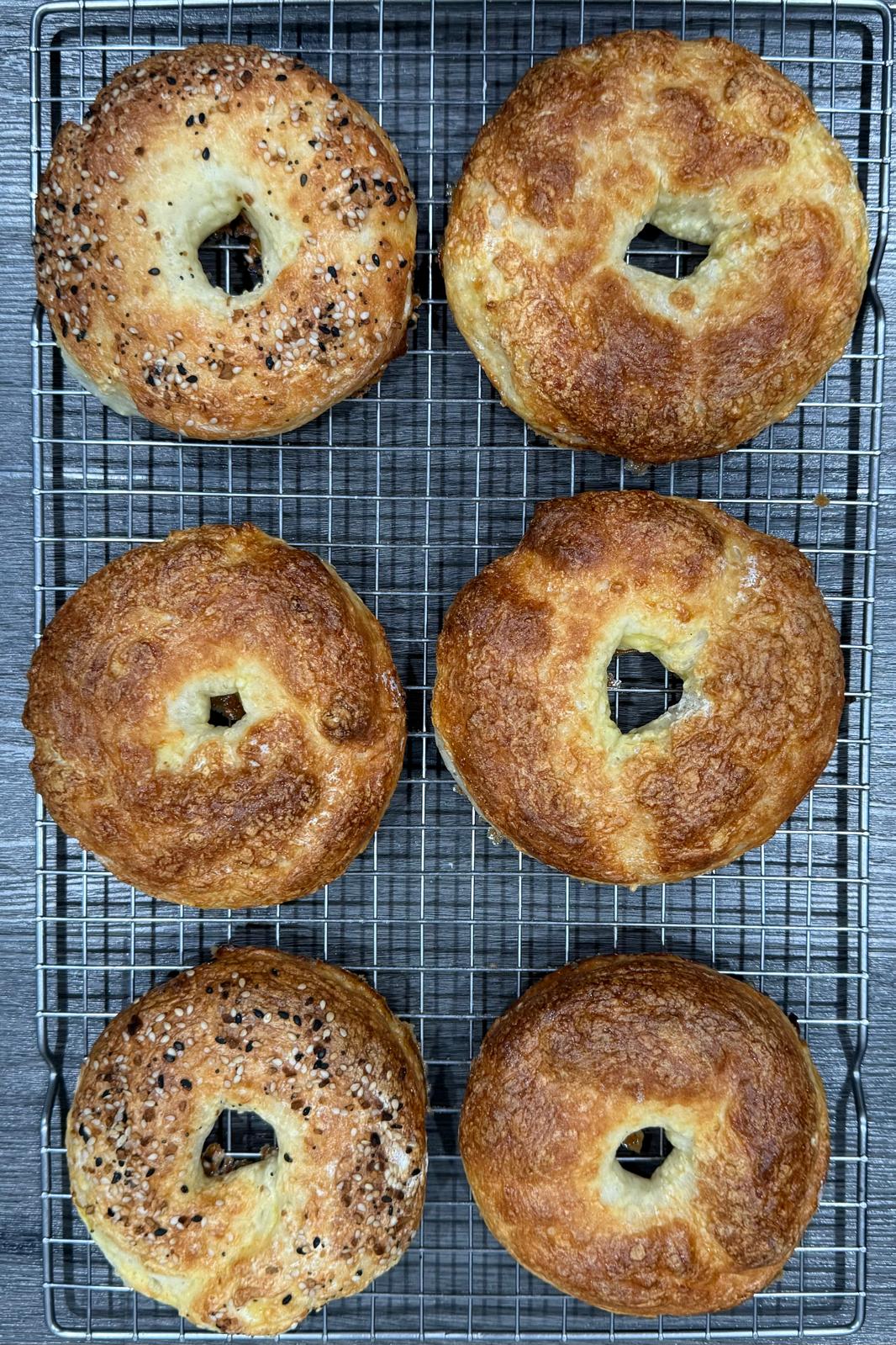Six golden gluten-free bagels cooling on a rack