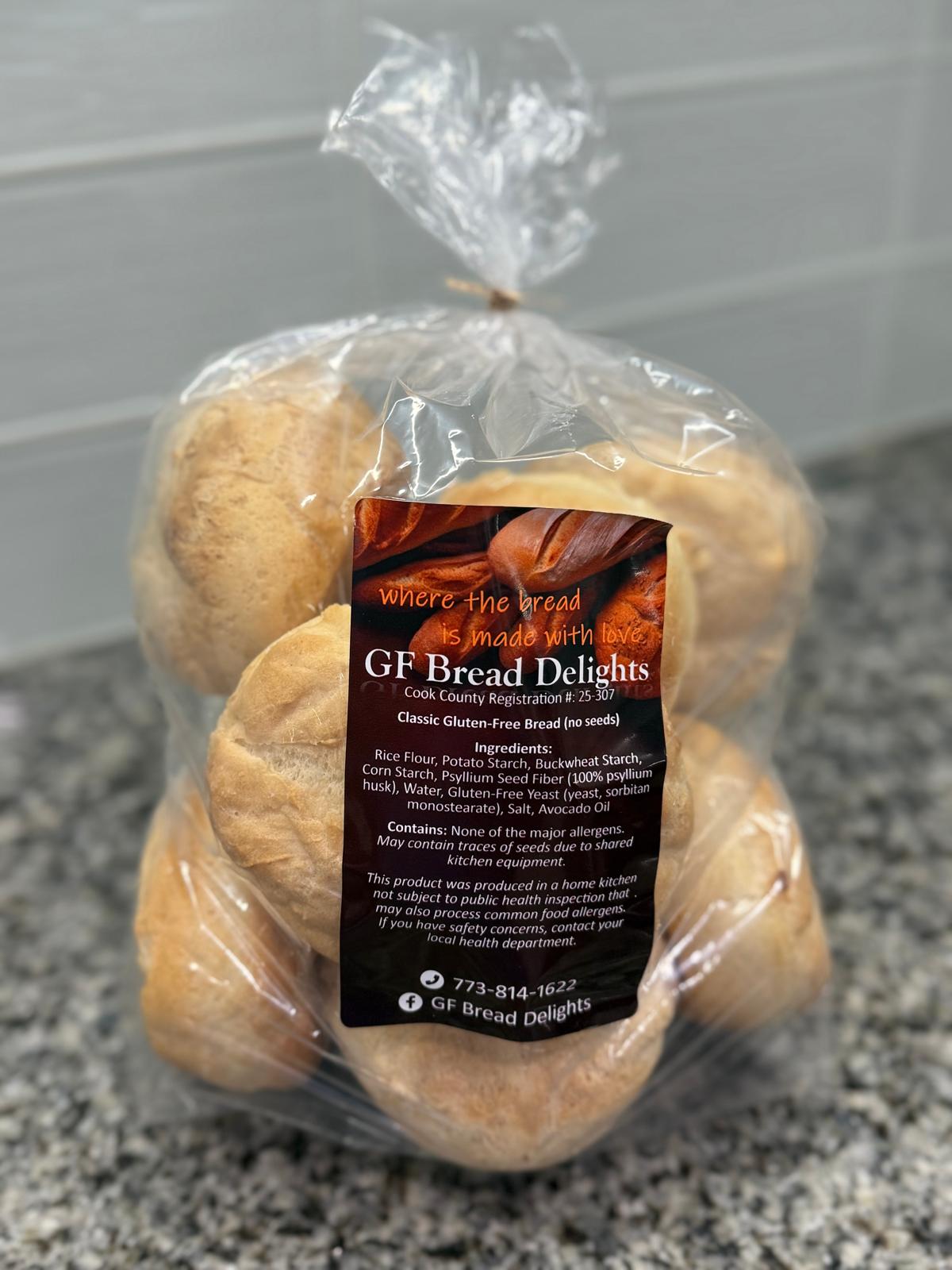 Packaged gluten-free rolls with the GF Bread Delights label